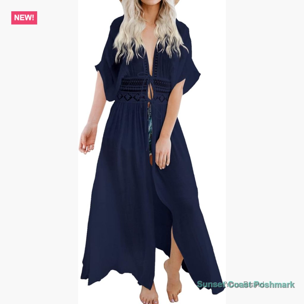 Long Lace Kimono Cover Up Sheer Crochet Embroidery Beachwear